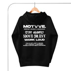 Back view of MOTVVE cotton heritage hoodie in black