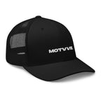 Right angle view of MOTVVE black mesh trucker hat