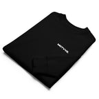 Front view of MOTVVE unisex eco black sweatshirt with minimalist logo