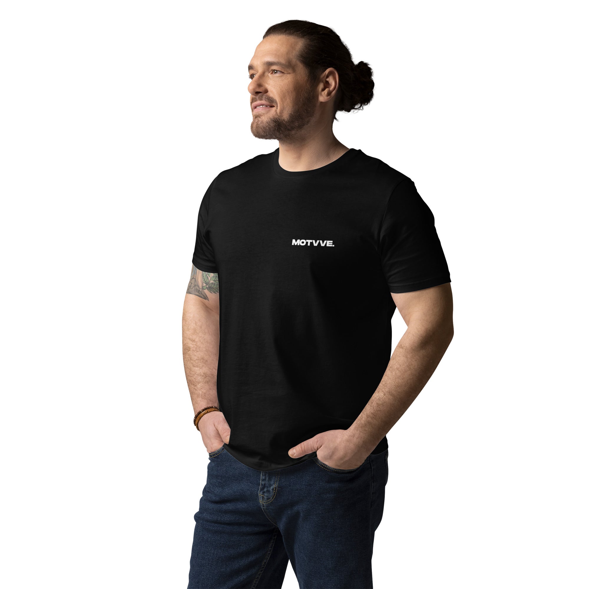 Man wearing a black t-shirt with 'MOTVVE' logo on a white background
