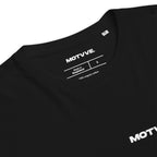 Close-Up black t-shirt with 'MOTVVE' branding and text on a white background