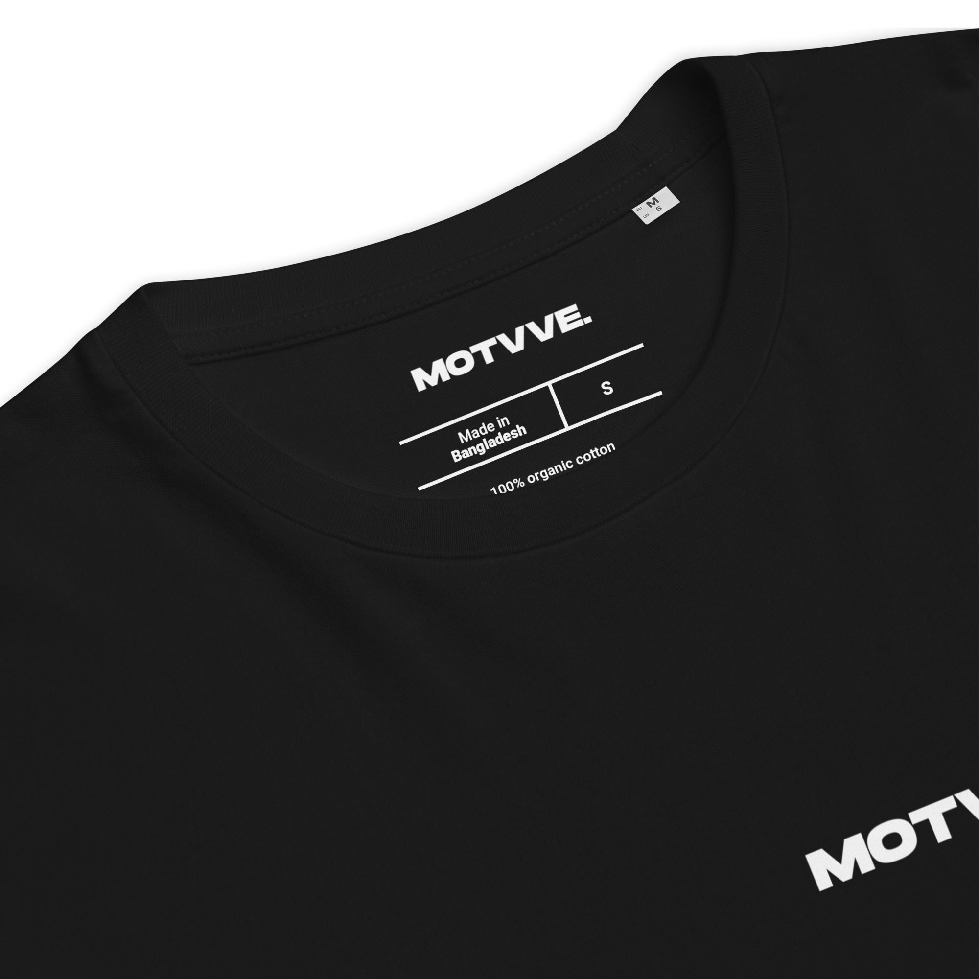 Close-Up black t-shirt with 'MOTVVE' branding and text on a white background