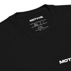 Black sweatshirt close-up with 'MOTVVE' label branding on a white background
